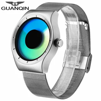 GUANQIN Personality Watch Top Brand Quartz Watch Men Stainless Steel Mesh Band Unique Men Watch Clock Men