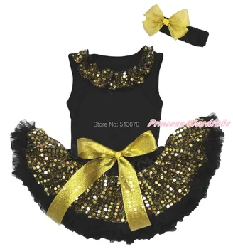 Easter Bling Sparkle Gold Lacing Black Top Shirt Newborn Baby Skirt Set 3-12M MAPSA0461