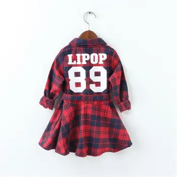 2017 New Spring Autumn Girls Clothes Cotton Long Sleeve Baby Kids Girl Dress Letter Printed Children Princess Plaid Dresses