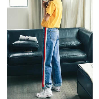 2017new spring women jeans stripe red white High waist straight casual denim bleached cuffs Europe style oversize fashion