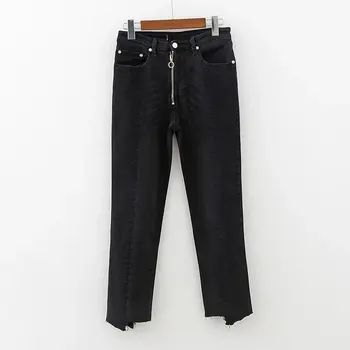 2017 Spring New Fashion Women Jeans Zipper Fly Spliced Black Soften Denim Pencil Ankle-length Pants Irregular Hem European Style
