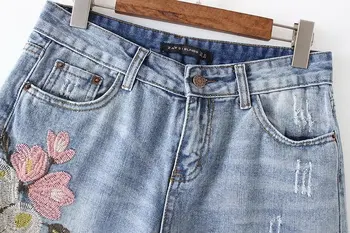Ping jeans woman jeans woman jeans femme 2017 Floral embroidery Moustache Effect burrs Bull-puncher knickers