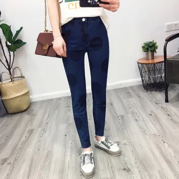 2017 Fashion New Pencil Jeans Autumn Black Dot Hole Women Jeans Fashion Fake Zippers Slim Deep Blue Skinny Jeans