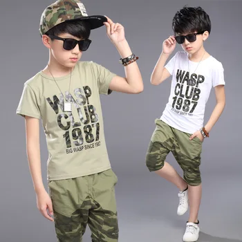 Summer Outfits for Boys Camouflage Clothes Sets Cotton Tracksuits for Child Sports Clothing Sets Print Letter Tops & Pants Suits