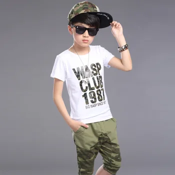 Summer Outfits for Boys Camouflage Clothes Sets Cotton Tracksuits for Child Sports Clothing Sets Print Letter Tops & Pants Suits