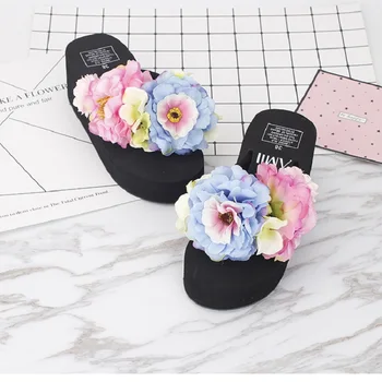 VANLED Steps-In Wedges Flower Decorated Black Lady Sandals Shoes Women For Hot Holiday Cool Taking Shoes Non-Slip Breathable