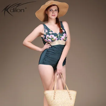 Kidilon 2016 Plus Size Swimwear Sexy One Piece Swimsuit Floral Print High Waist Large Cup Push Up Swimsuit maillot de bain