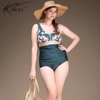 Kidilon 2016 Plus Size Swimwear Sexy One Piece Swimsuit Floral Print High Waist Large Cup Push Up Swimsuit maillot de bain