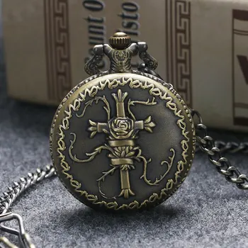 Bronze 3d Cross Design Quartz Pocket Watch With Chain Gift To Men Women