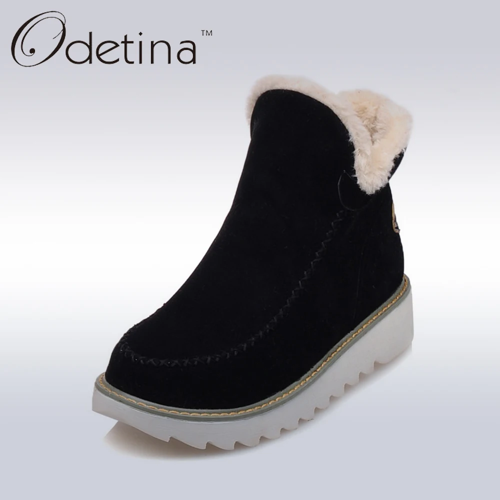 Odetina 2016 Warm Plush Platform Ankle Snow Boots Flat Women Winter Shoes Non-slip Large Size Black Suede Ladies Slip On Boots