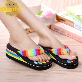 2017 New Rainbow Towel Woman Thick Bottom Anti-slip Beach Shoes Pinch Household Slippers Daily Soft Women Flip Flops Woman Shoes