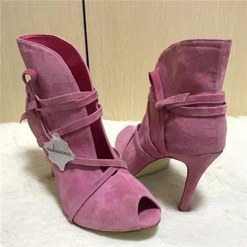Fashion Suede Tie Up Women Ankle Boots Peep Toe Short Booties Strappy High Heel Summer Boots Women Pumps Botines Mujer