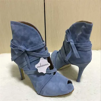 Fashion Suede Tie Up Women Ankle Boots Peep Toe Short Booties Strappy High Heel Summer Boots Women Pumps Botines Mujer