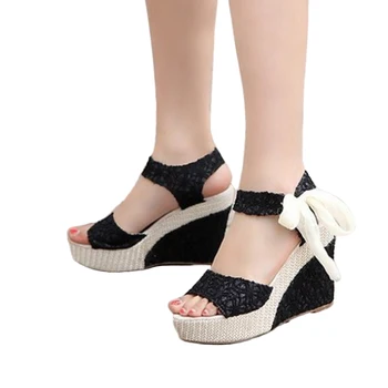 2016 Summer Women Sweet Wedge Platform Sandals Bowknot Ankle Lace Strap Shoes Beiges Hoes Woman Sandals ST16