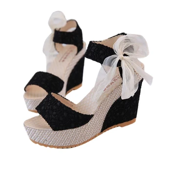 2016 Summer Women Sweet Wedge Platform Sandals Bowknot Ankle Lace Strap Shoes Beiges Hoes Woman Sandals ST16