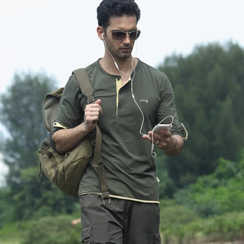Spring Autumn Button V-neck Long Sleeve Cotton T-shirt Men Sports Leisure Outdoor Hiking Camping Fishing Anti-uv T Shirt