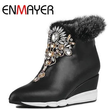 ENMAYER Pointed Toe Ankle Boots for Women High Heels Wedges Shoes Woman Large Size 34-41 Classic Black Platform Shoes Zipeprs