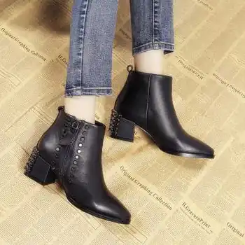New British Style Women's Genuine Leather Boots Vintage Rivets Ladies Pointed Toe Ankle Booties Female Chunky Boot Shoes S3281