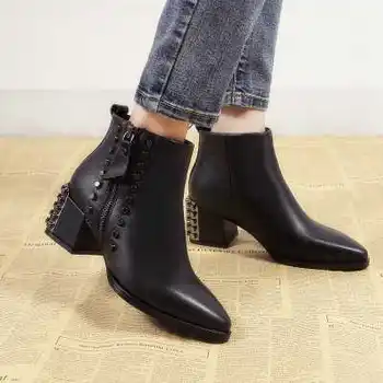 New British Style Women's Genuine Leather Boots Vintage Rivets Ladies Pointed Toe Ankle Booties Female Chunky Boot Shoes S3281