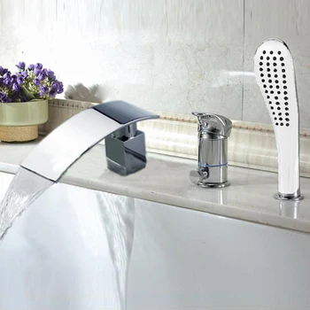 New Chrome Deck Mounted Waterfall Bathroom Tub Faucet With Hand Shower Mixer Tap