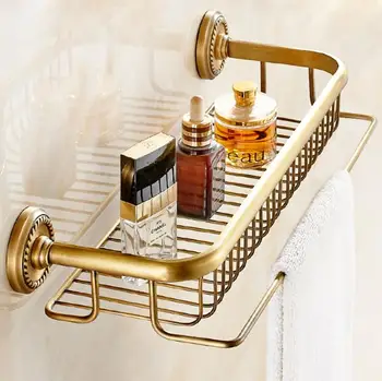 Total brass material antique brass bathroom shelves with towel bar bathroom shampoo holder bathroom accessories