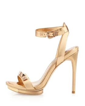 Gold Women Sandals Summer Style Sandalia Rasteirinha Feminina Plus Size Real Image High Thin Heels Buckle Strap Rivets Open Side