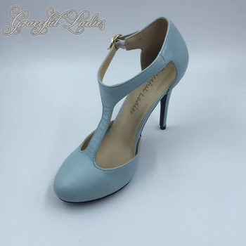 2016 Light Blue Real Image Womens Pumps Buckle Strap High Thin Heels Custom Made Plus Size Summer Style Pumps Evening Shoes