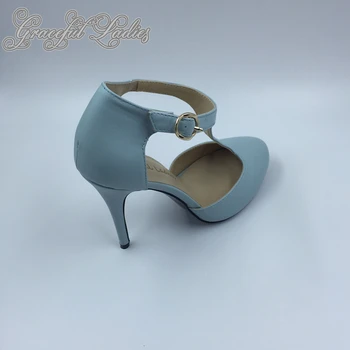 2016 Light Blue Real Image Womens Pumps Buckle Strap High Thin Heels Custom Made Plus Size Summer Style Pumps Evening Shoes