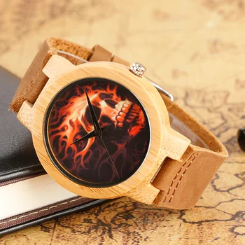 Creative Skull Series Unique Wood Watches Men's Steampunk Bamboo Wooden Wrist Watch Women's Genuine Leather Clock Online