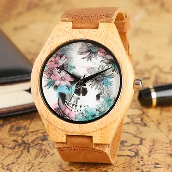 Creative Skull Series Unique Wood Watches Men's Steampunk Bamboo Wooden Wrist Watch Women's Genuine Leather Clock Online