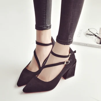 Fashion 2017 Spring Pointed Toe Velvet Cross Hasp Thick High-Heeled Shoes Shallow Mouth Young Lady Pumps Work Shoes 8 cm