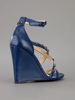 Deep Blue PU Women Shoes Sandals Wedges Buckle Strap Cross Criss Strap Rivets Plus Size New Arrive Real Image Sexy Elegant