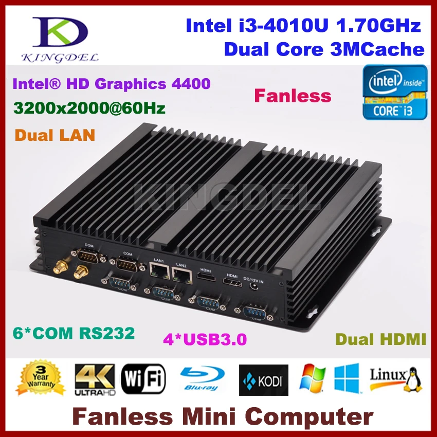 Mini industrial pc Intel Core i3 4010U small computer with 8G RAM+500G HDD,2 HDMI 6 COM rs232,USB 3.0,WiFi,dual lan,Windows 10
