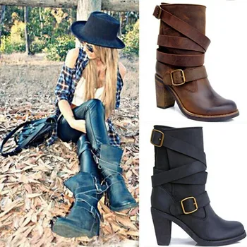 Black Brown Super Leather Motorcycle Boots Women High Heels Ankle Boots Feminine Cowboy Boots Shoes Buckle Round Toe Hot Selling