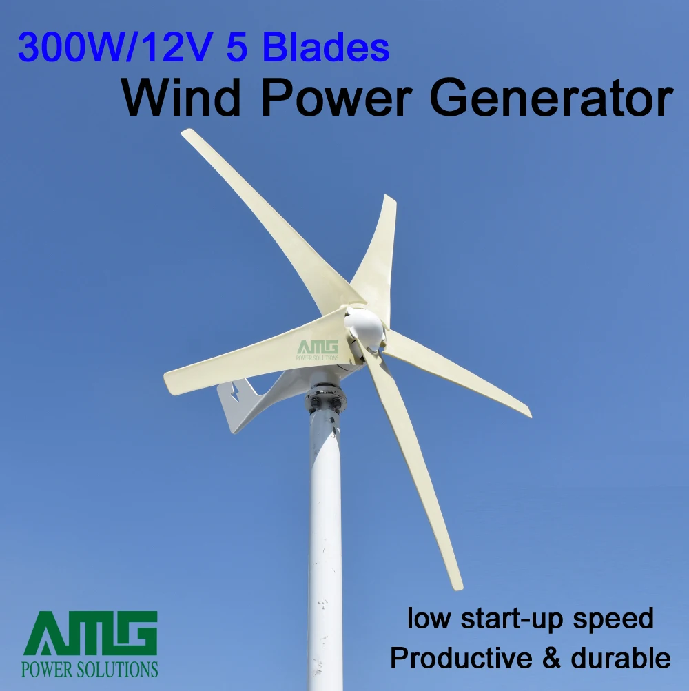 300W 12V 5 blades low wind start up horizontal wind turbine generator