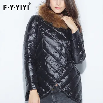Female A type portable short version cloak slim waist loose personality really big raccoon fur collar jacket on