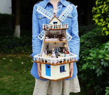 Diy Doll House waiting for manual assembly rotating windmill villa wooden model building monsoon creative gift