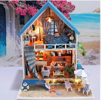 New Arrive Diy Wooden Large Doll House villa Model Building 3D Puzzle Handmade Dollhouses Miniature Birthday Gift Toy-Aegean sea