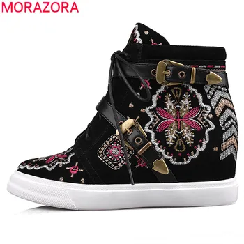 MORAZORA New autumn cow suede women boots round toe lace-up buckle Vintage embroidery height increasing ankle boots