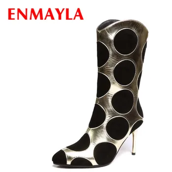 ENMAYLA Pointed Toe Mid-Calf Zip leather boots Polka DotFashion Boots Thin Heels Zip platform for high-quality party WOMEN Boots