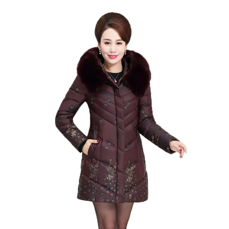 2017 Winter Middle Age Women Padded Coat Slim Long Fur Collar Cotton Jacket Print Hooded Thick Coat Plus Size XL-5XL PW0514