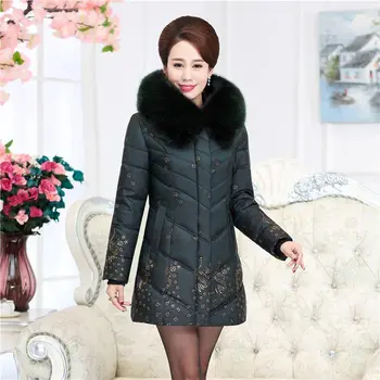 2017 Winter Middle Age Women Padded Coat Slim Long Fur Collar Cotton Jacket Print Hooded Thick Coat Plus Size XL-5XL PW0514