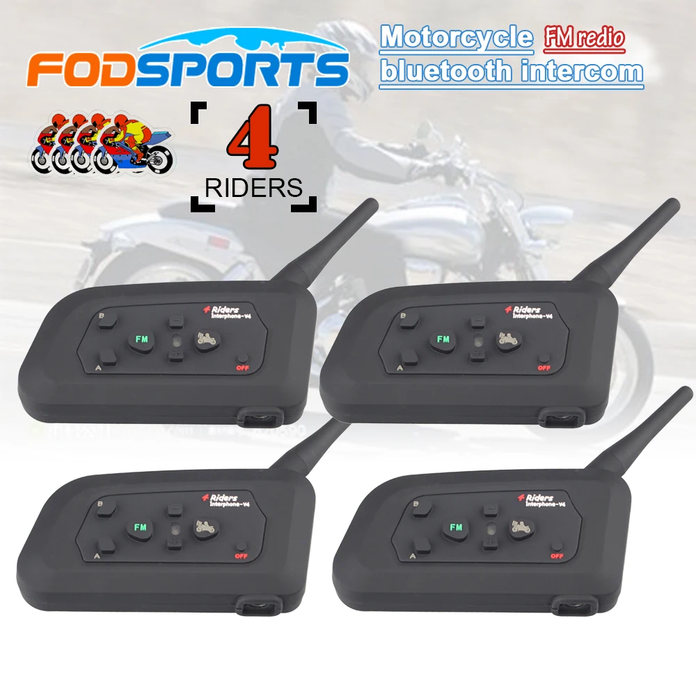 4 pcs V4 1200M 4 riders interphone full duplex bluetooth intercom headset for motorcycle helmet with FM radio function