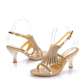 Summer Women Sandals Rhinestone Cutout Flower Fashion Gold Color Sandals Thick Heel Open Toe Party Prom Heels Wedding Shoes