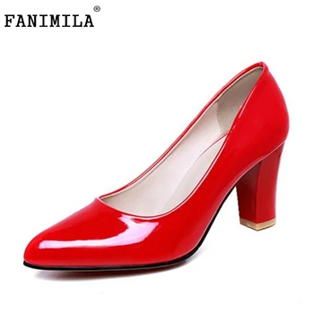 Size 31-47 Women's Thick High Heel Shoes Women Sexy Party Patent Leather Heeled Pumps Office Ladies Pointed Toe Heel Footwear