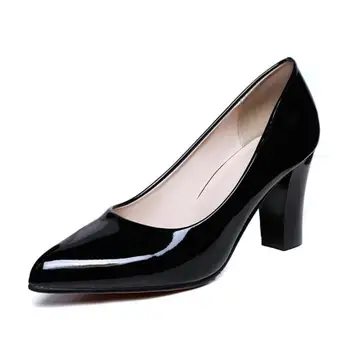 Size 31-47 Women's Thick High Heel Shoes Women Sexy Party Patent Leather Heeled Pumps Office Ladies Pointed Toe Heel Footwear