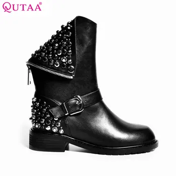 QUTAA 2017 Punk Rhinestone PU+Leather Square Low Heel Woman PU leather Ankle Boots Women Shoes Ladies Motorcycle Boot Size 34-43