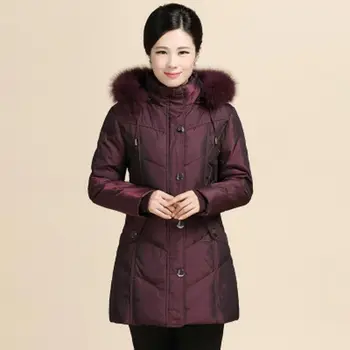 Winter Middle Age Women Coat Plus Size Long Thick Fur Collar Cotton-padded Jacket Hooded Stand Collar Slim Outwear PW0562