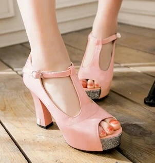 New Women's Ankle Strap Thick Heel Dress High Heel Shoes Women Brand Sexy Fashion Ladies Open ToeT-Strap Platform Sandals