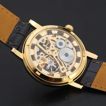 2017 new skeleton hollow fashion mechanical hand wind men luxury male business leather strap Wrist Watch relogio